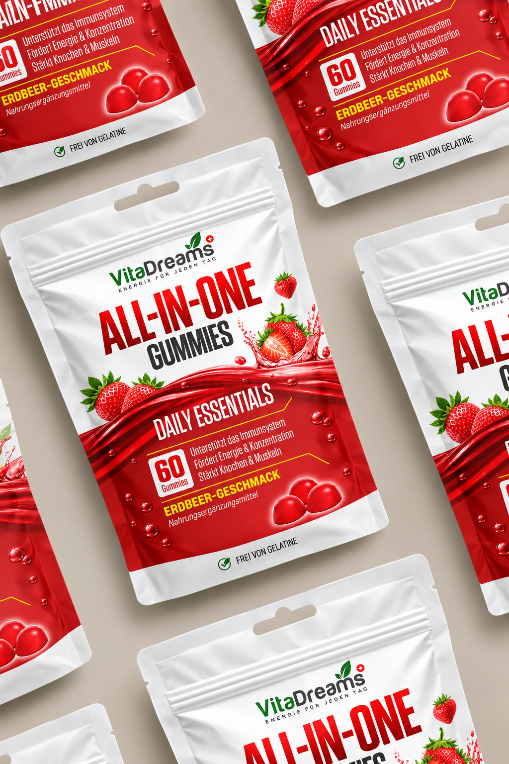 VitaDreams Gummies zwischen frischen Erdbeeren